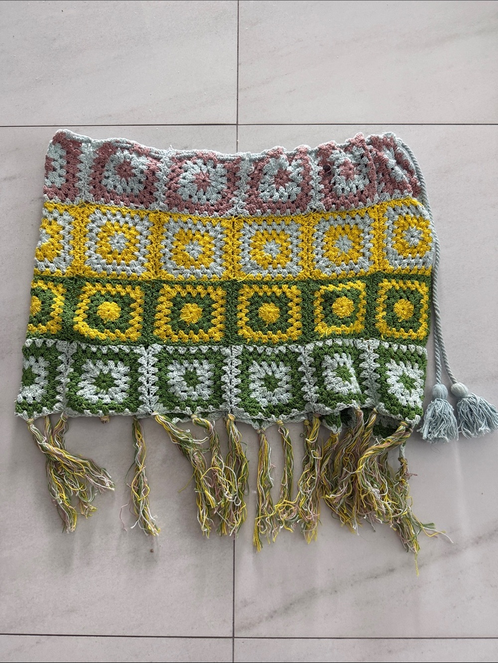 Crocheted Fringe Skirt in Pastel Pink, Yellow & Green